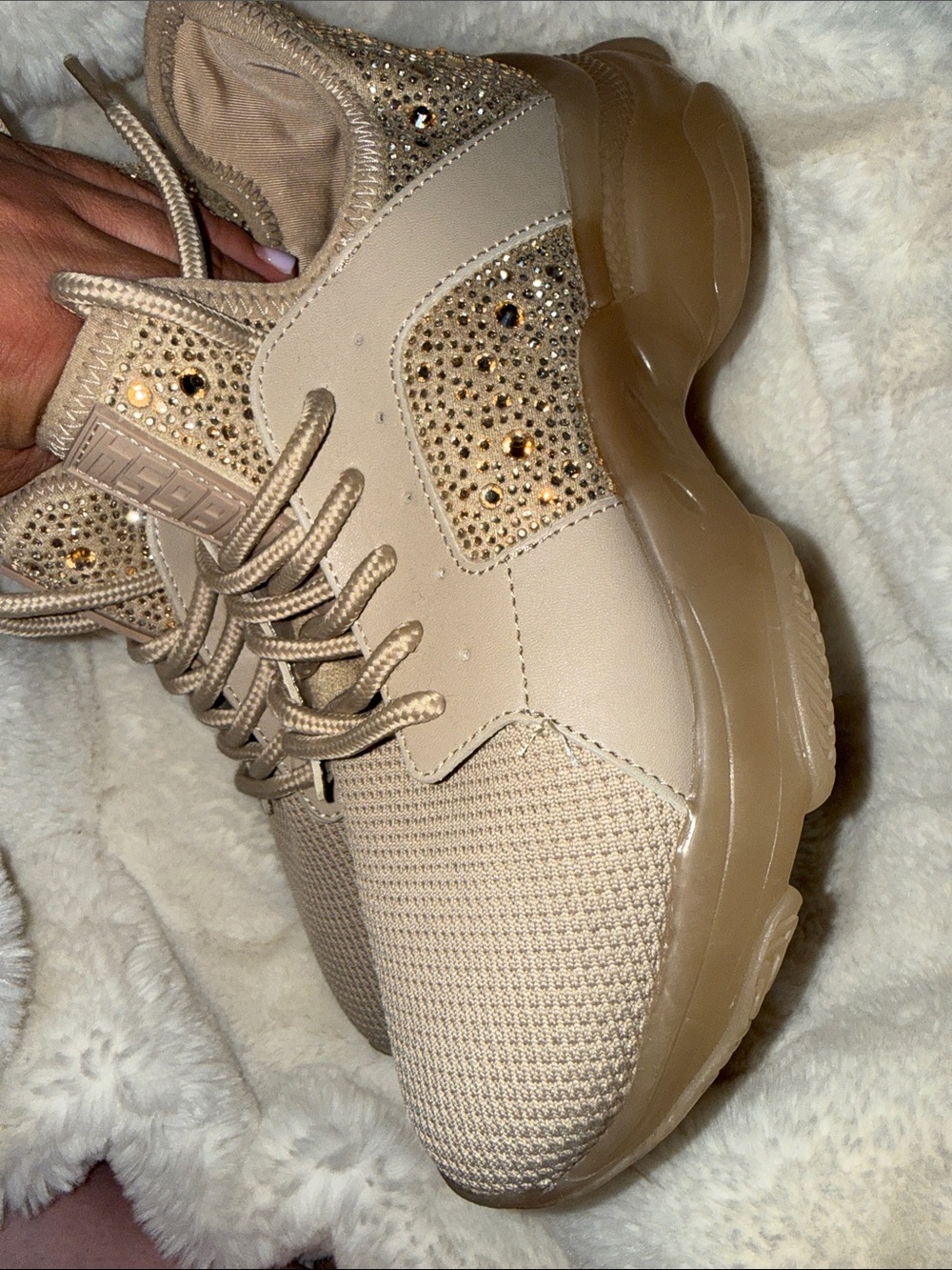 Steve Madden Women's Beige Knit Sneakers with Rhinestone Accents
